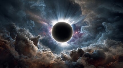 A photograph of a total solar eclipse, deep black sun disk, glowing corona with white and bluish light, centered in frame, partially veiled by smoky clouds. Far above a darkened Earth, seen from a hig