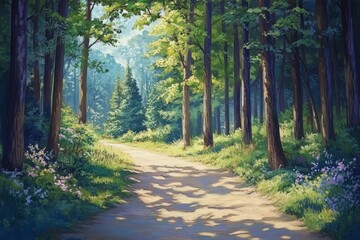 Obraz premium Serene forest path with dappled sunlight and tall trees.