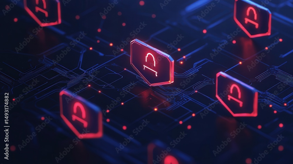 Poster cyber security as an abstract web of secure data connections, encrypted lines, and digital shields p