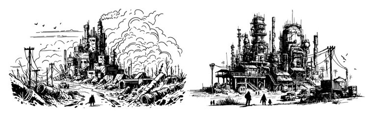 abandoned industrial cityscape in black and white grunge style