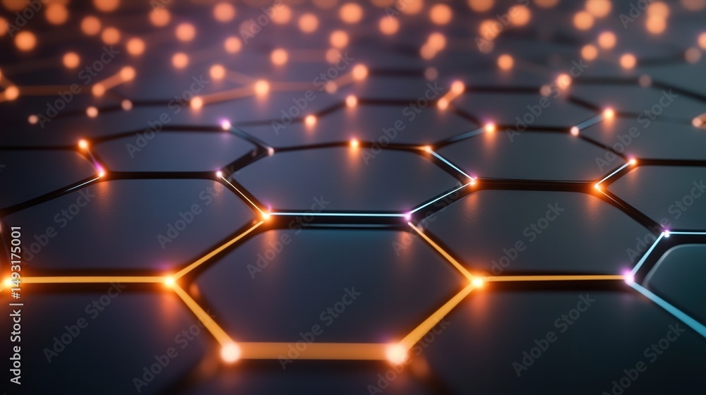 Poster hexagonal connection points lit by digital lines of light, illustrating the underlying infrastructur