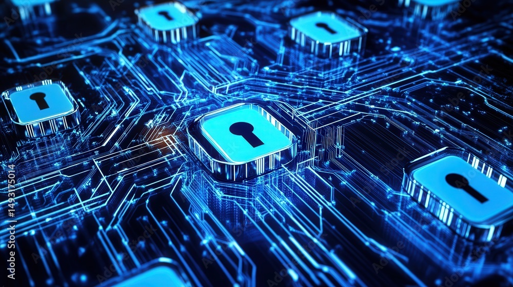 Poster cyber security as an abstract web of secure data connections, encrypted lines, and digital shields p