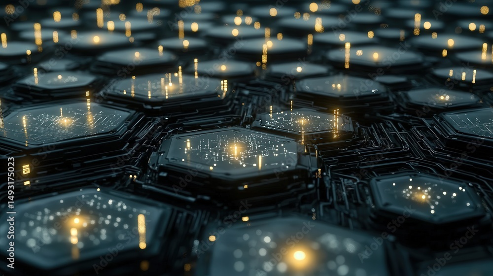 Poster hexagonal connection points lit by digital lines of light, illustrating the underlying infrastructur