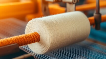 Close-Up of Cotton Thread Being Woven into Fabric on Textile Loom in Vibrant Colors and Textures