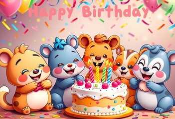 Fototapeta premium Adorable cartoon animals celebrating a birthday with a yummy cake and colorful confetti, joyful, vibrant