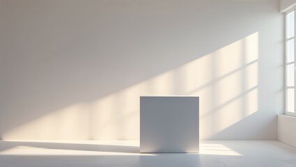 Fototapeta premium Minimalist room with a white cube illuminated by natural light in a calm environment