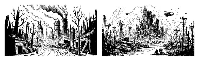 post apocalyptic city ruins with destroyed infrastructure in monochrome style