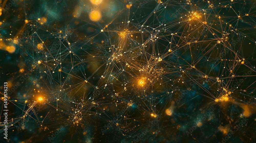 Poster connected points and lines forming an intricate web, symbolizing ai technology concepts with glowing