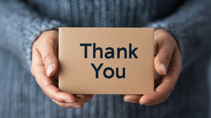 Close-up of Philanthropic Donor Holding Thank You Card in Hands with Soft Textured Sweater in Background