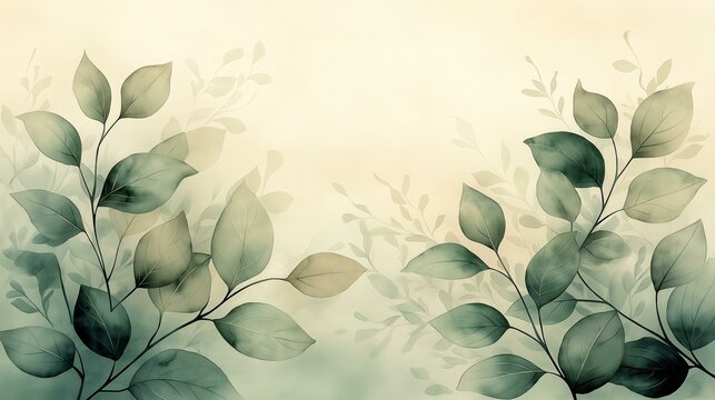 A calming botanical illustration showcases ethereal green leaves and delicate branches against a soft gradient background, creating a serene and naturalistic design.