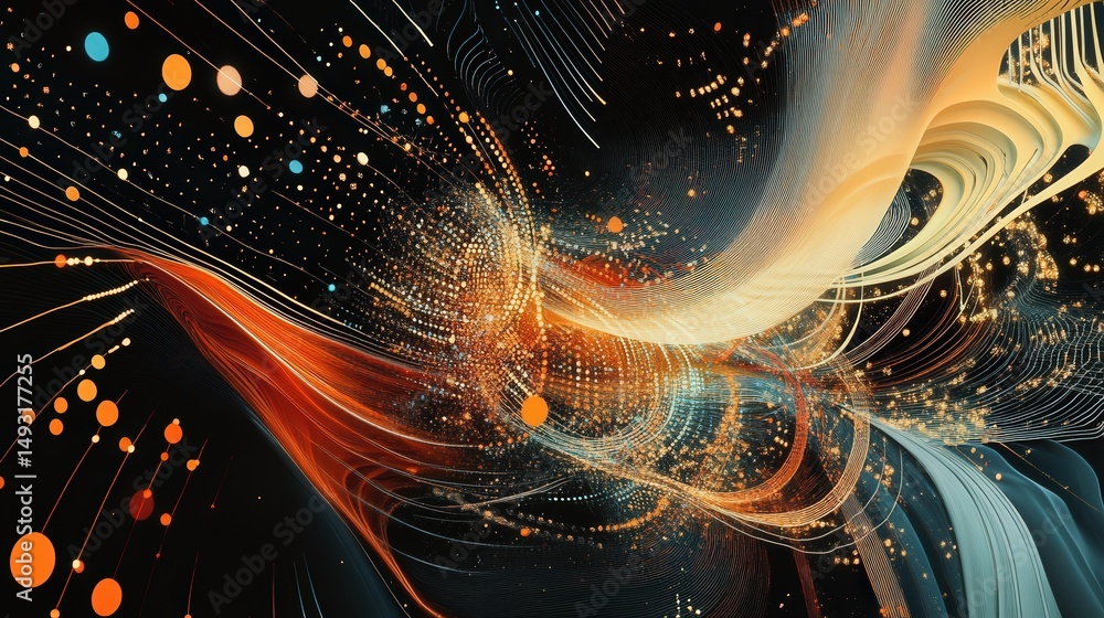 Poster geometric lines and dots interconnected with digital precision, showcasing the flow of information i