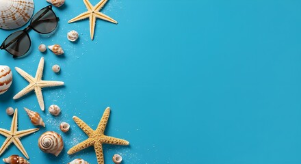 summer,  vacation,  beach, Summer Vacation Background with Seashells, Starfish and Sunglasses