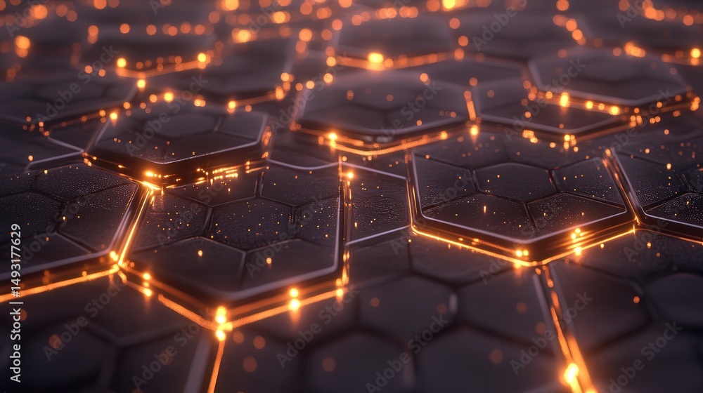 Poster hexagonal patterns with glowing lines connecting each point, showcasing how digital networks are str