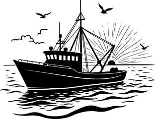 Fishing Boat at Sea Silhouette