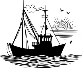 Fishing Boat at Sea Silhouette