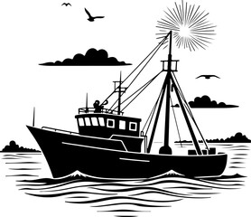 Fishing Boat at Sea Silhouette