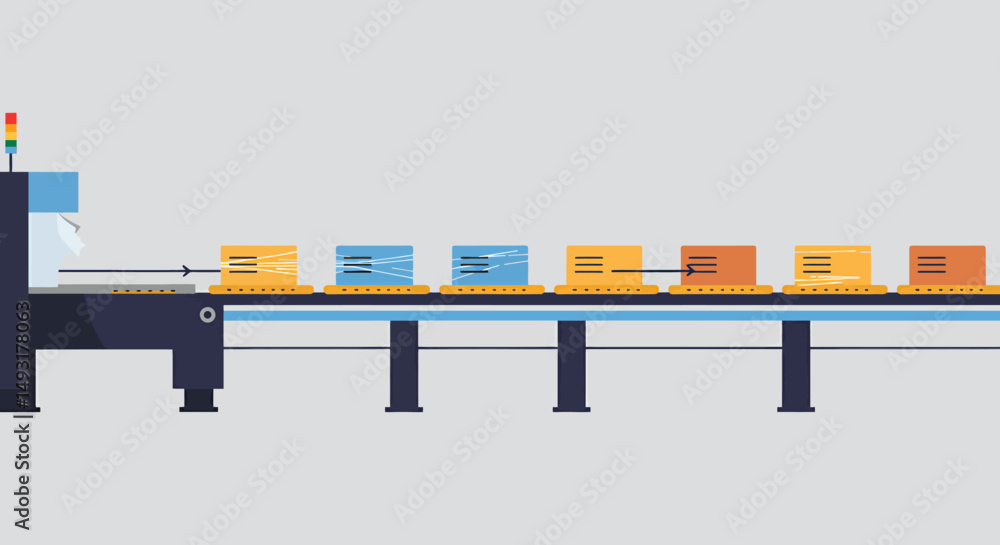 Poster automated conveyor belt system moving boxes