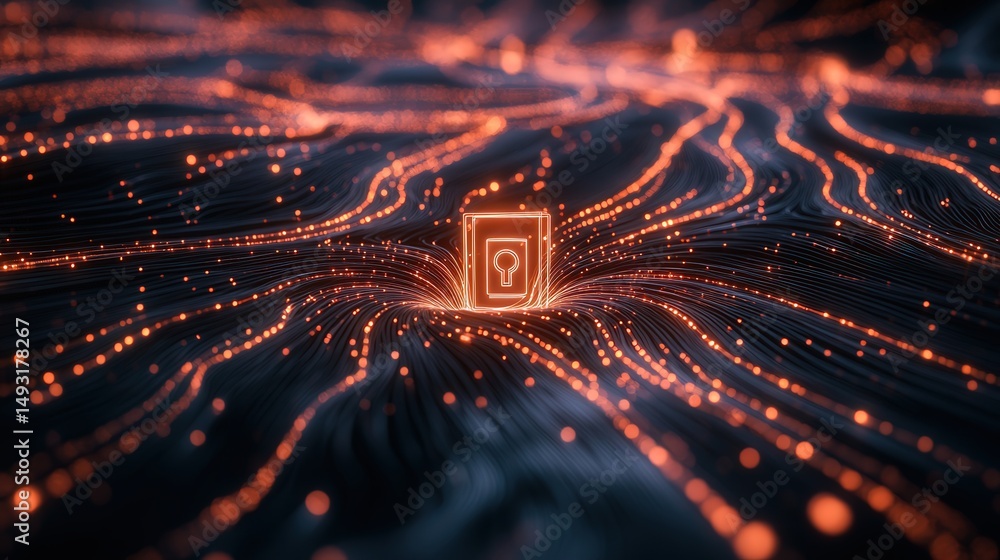 Poster encrypted data flows forming a secure network, with a glowing digital lock at the center, representi