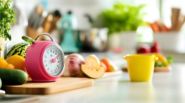 Kitchen scene with colorful fruits and vegetables, a clock, and a measuring scale.