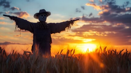 A scarecrow placed in full view in a wheat field at dawn