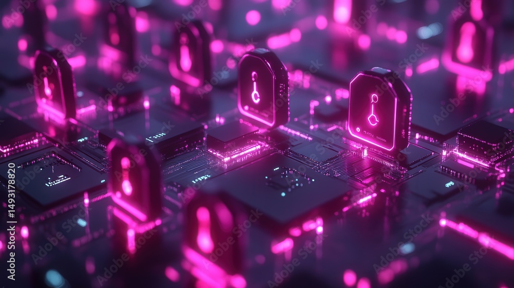 Poster technology concept showcasing cyber security with encrypted connections, glowing protection shields,