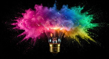 Exploding lightbulb with colorful powder against black background. Symbol of idea, creativity, and innovation concept.