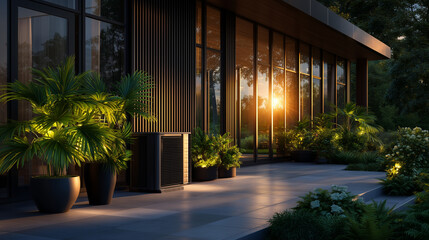 A heat pump in front of a modern house
