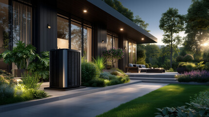 A heat pump in front of a modern house
