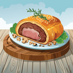 Perfectly cooked Beef Wellington sliced open, showing juicy medium-rare beef wrapped in golden puff pastry with mushroom duxelles, served on elegant plating with warm, natural lighting.