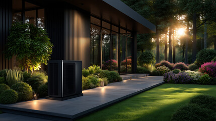 A heat pump in front of a modern house
