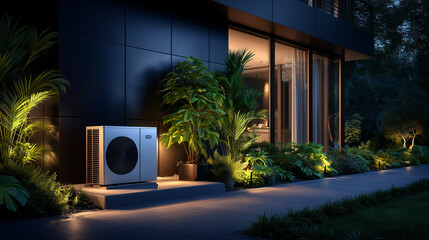A heat pump in front of a modern house
