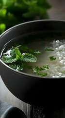 Bowl of light broth, rice, and herbs.  Freshly made, aromatic, and healthy