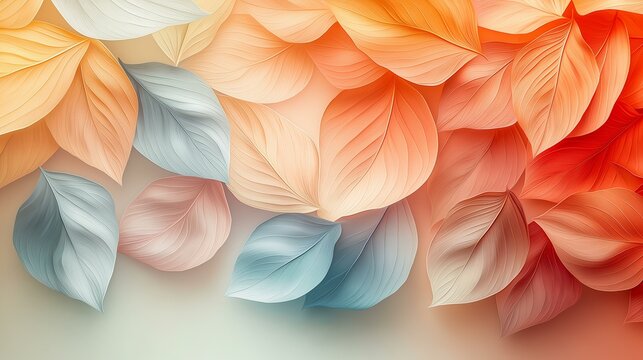 An abstract composition of colorful leaves in warm hues of orange, peach, red, and cool tones of blues creating an elegant, artistic floral background image.