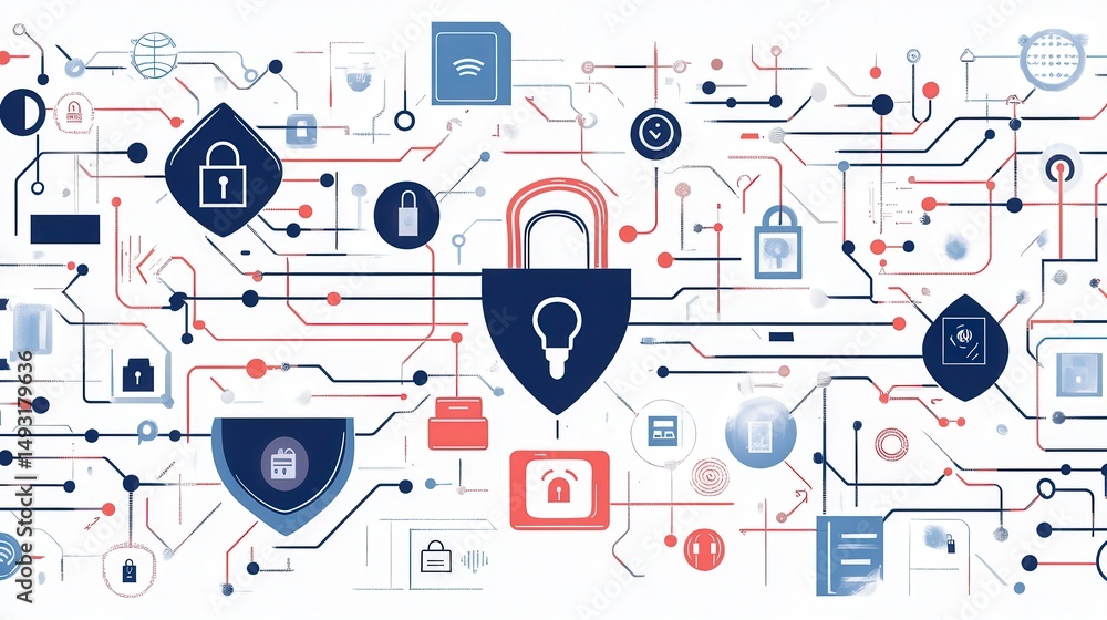 Poster data flows within a digital grid, with encryption symbols and cyber shields protecting sensitive inf