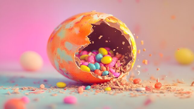 Vibrant colorful candy eggshell bursting with sweet treats.