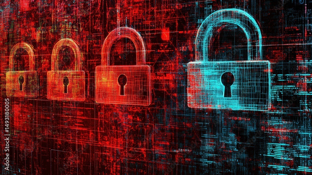 Aufkleber cyber security as a complex network of secure connections, encrypted data, and digital locks protect