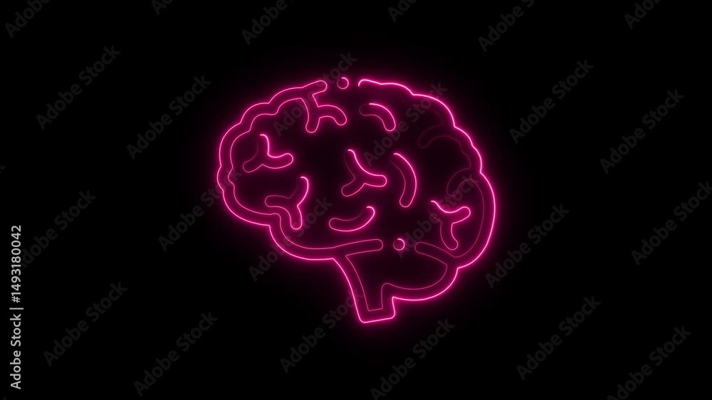 Poster pink neon brain outline on a black background represents neurology cognitive functioning and intelli