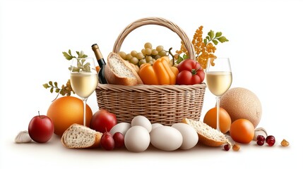 Outdoor holiday picnic with snack basket of bread fruit juice and napkins on a mat