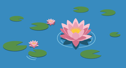 Pink Lotus Flower On Water Lily Pads Pixel Art Illustration