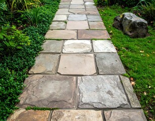 Fototapeta premium Stone pathway bordered by lush greenery. A tranquil garden scene perfect for relaxation or meditation.