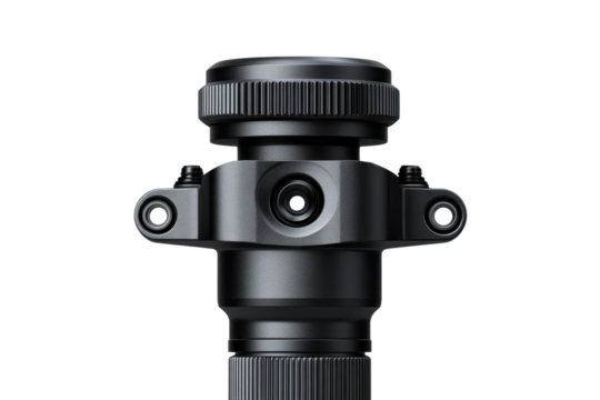 Precision engineered black metal scope reflecting light showcasing complex mechanics and on transparent background