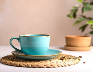 A teal teacup and saucer on a woven placemat, with blurred background of plant and terracotta pot. Perfect for blogs, websites, and marketing materials.