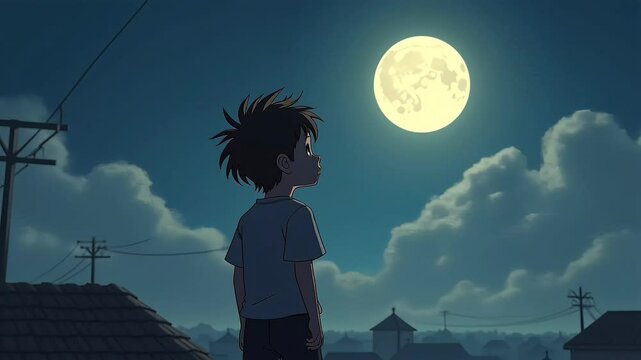 Child gazing at night moon
