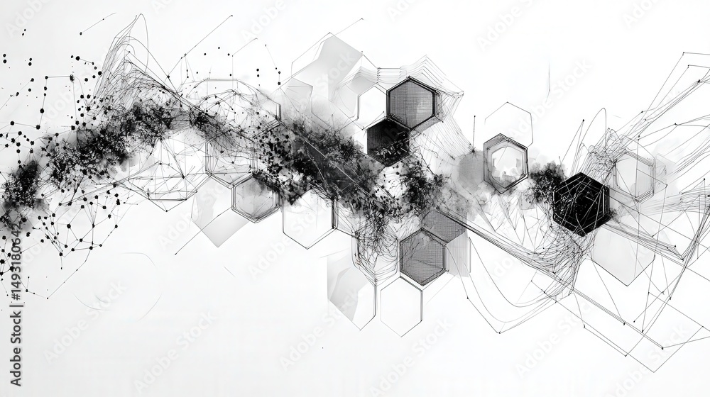Poster graphic design featuring swirling lines and interconnected polygons like hexagons and octagons, arra