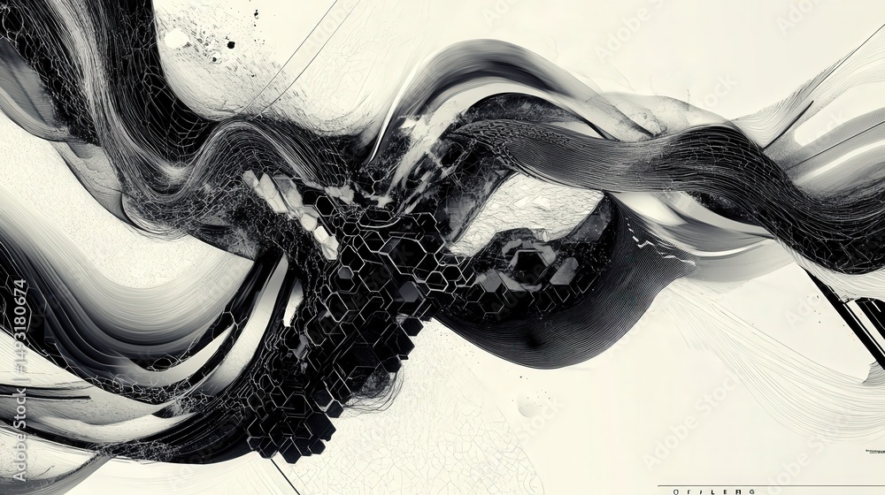 Poster graphic design featuring swirling lines and interconnected polygons like hexagons and octagons, arra