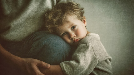 Emotional moment captured of a little boy hugging his father's leg in vintage style against a simple gray background