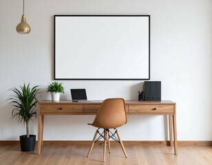 Minimalist home office workspace with wooden desk, chair, laptop, plants, and blank frame. Perfect for design blogs, real estate listings, or home decor websites.