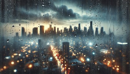 Obraz premium An atmospheric image of a cityscape viewed through a rain-covered window