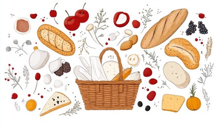 Outdoor picnic holiday with basket of bread snacks fruit juice napkins on mat in nature