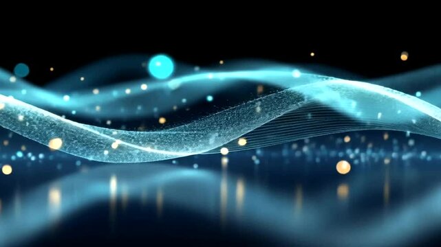 Digital waves Cyan, gold and white particles float across a dark, reflective plane